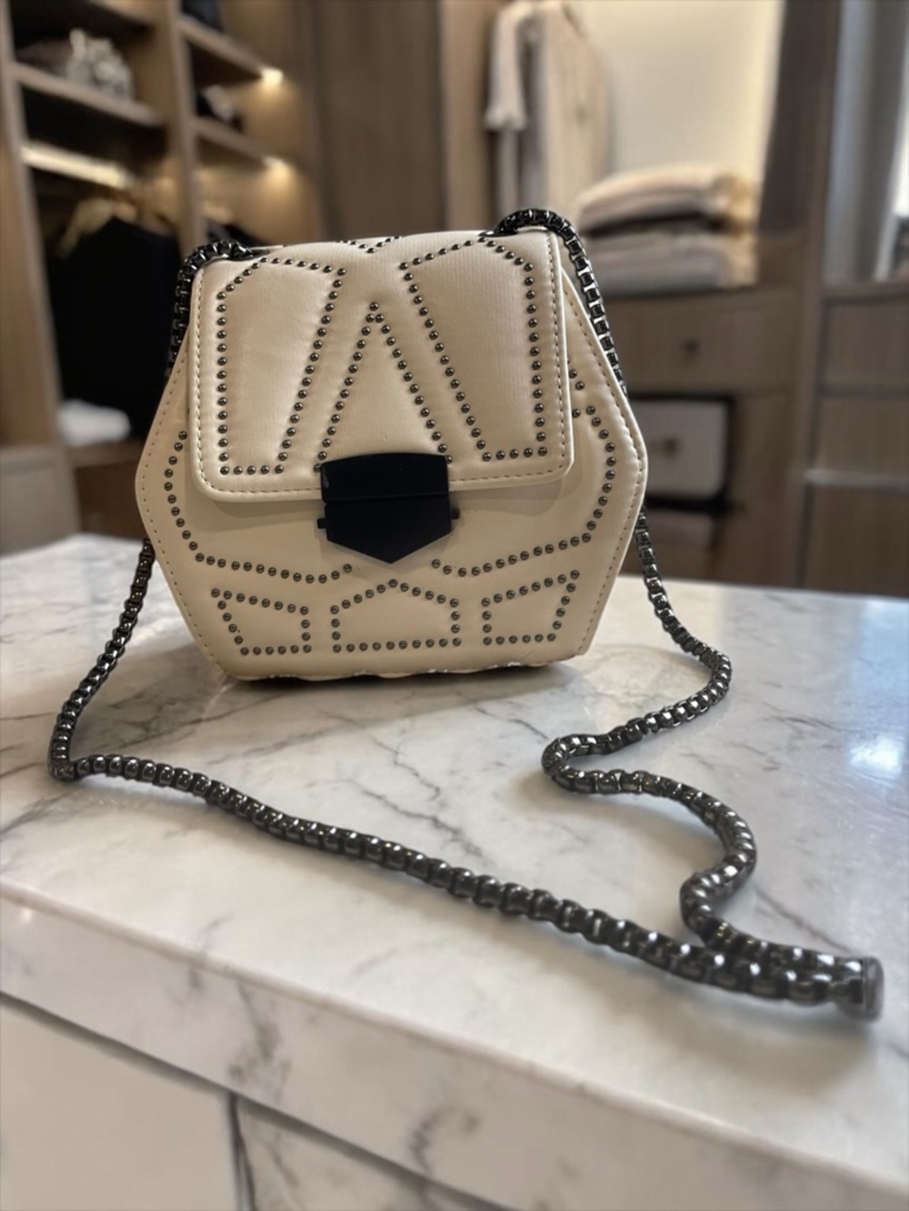 Corsia White Hexagonal Studded Crossbody Bag Geometric Chain Strap Purse